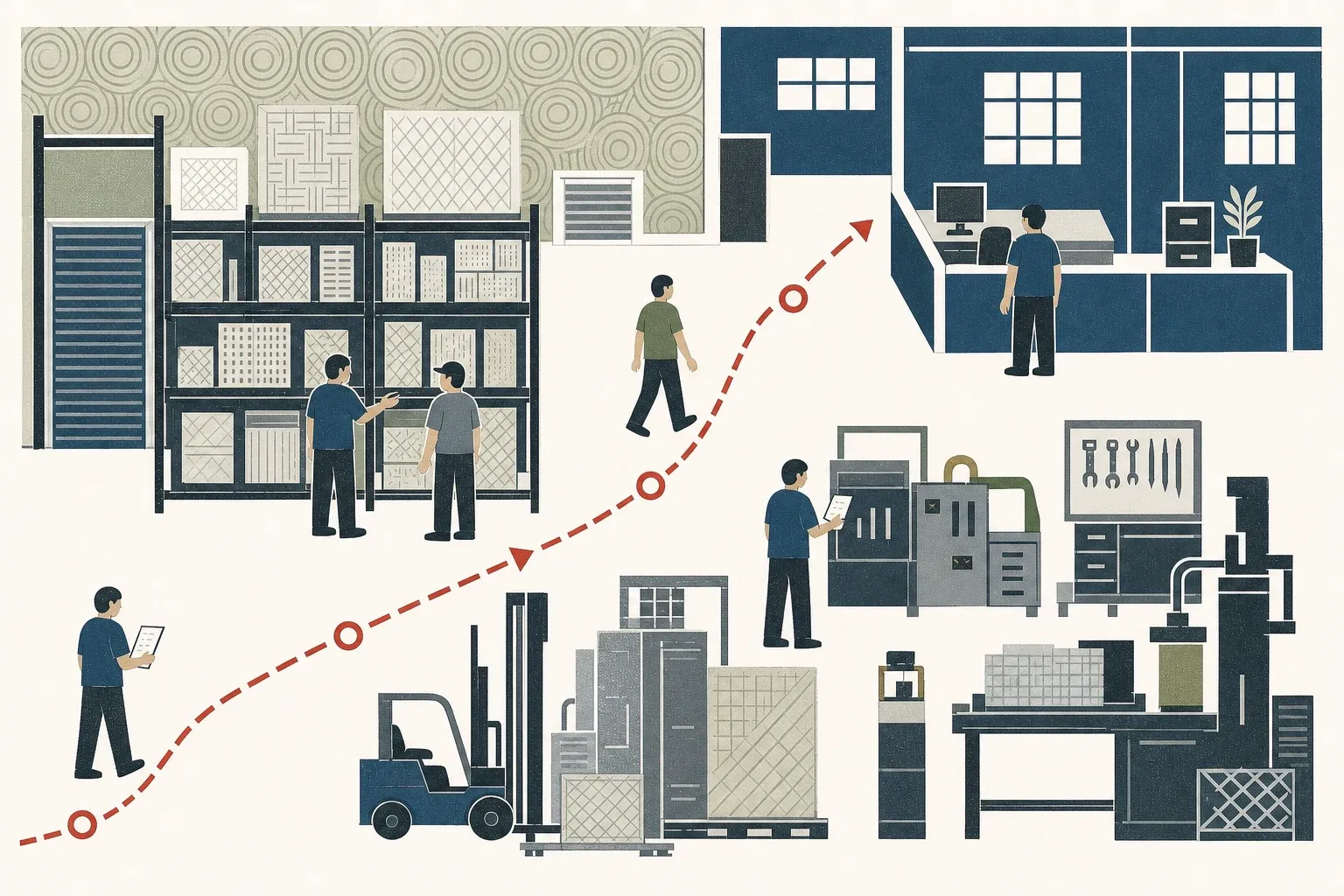 Illustration of a practitioner following a marked route through a workplace while people, equipment, documents and systems are observed.