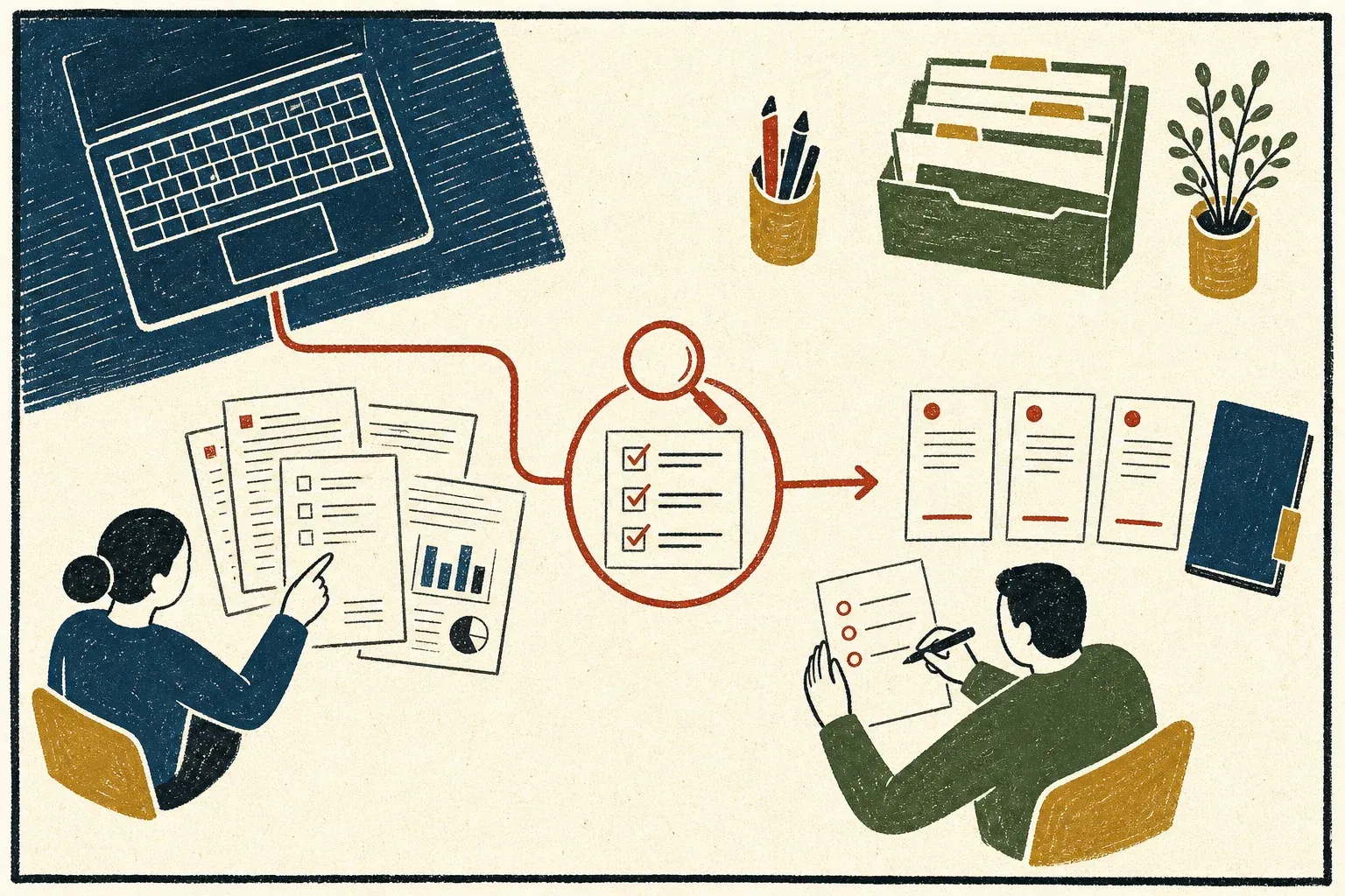 Illustration of a practitioner and business owner reviewing evidence together and turning it into three prioritised actions.