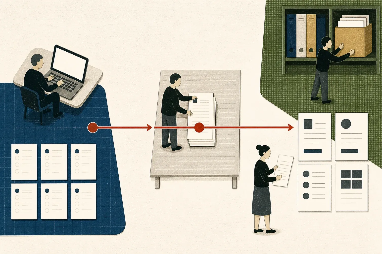Illustration showing guided questions at a laptop moving through document selection to a tailored pack that is reviewed and filed.