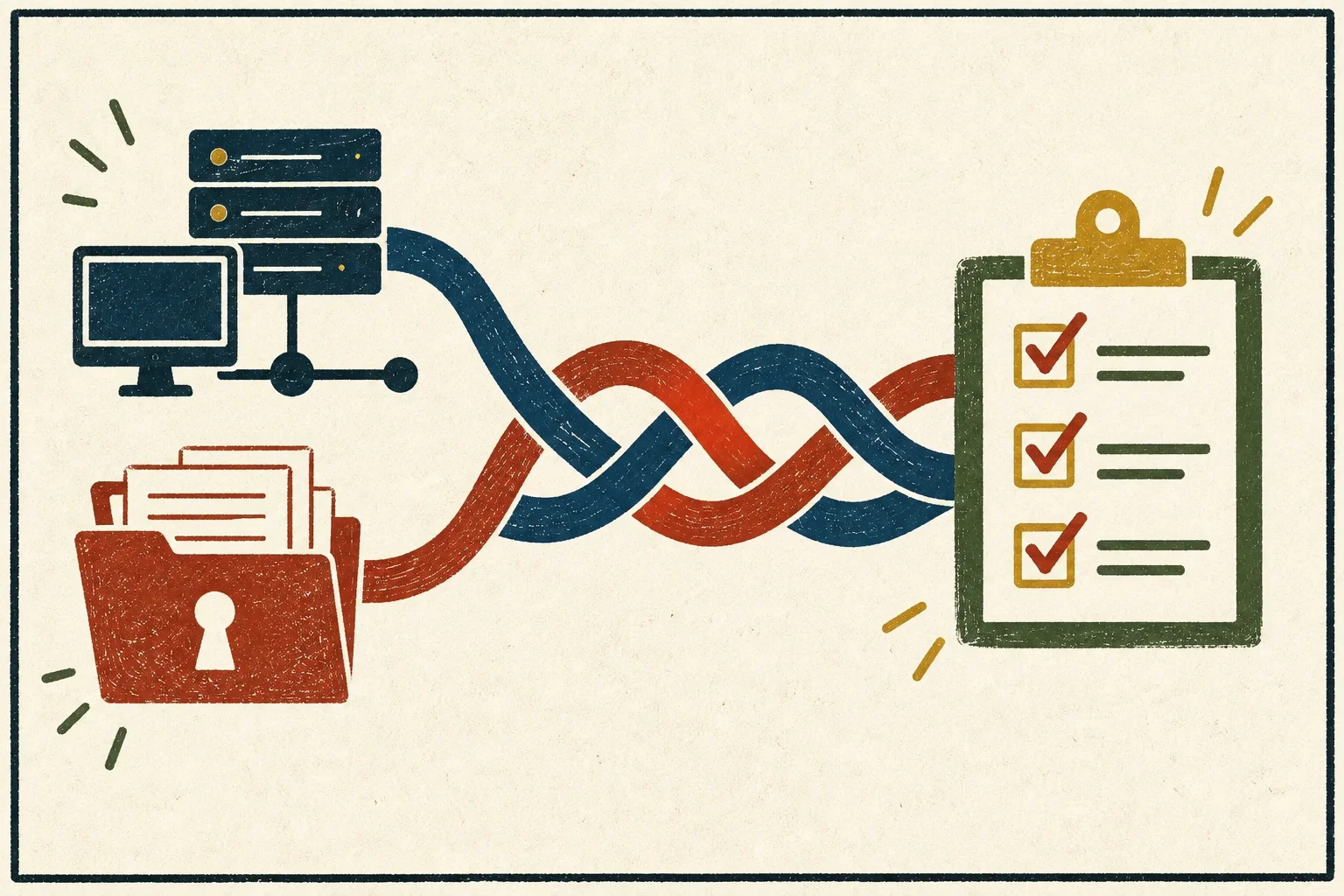 Screen-print illustration of cyber systems and protected records woven together into one shared action plan.